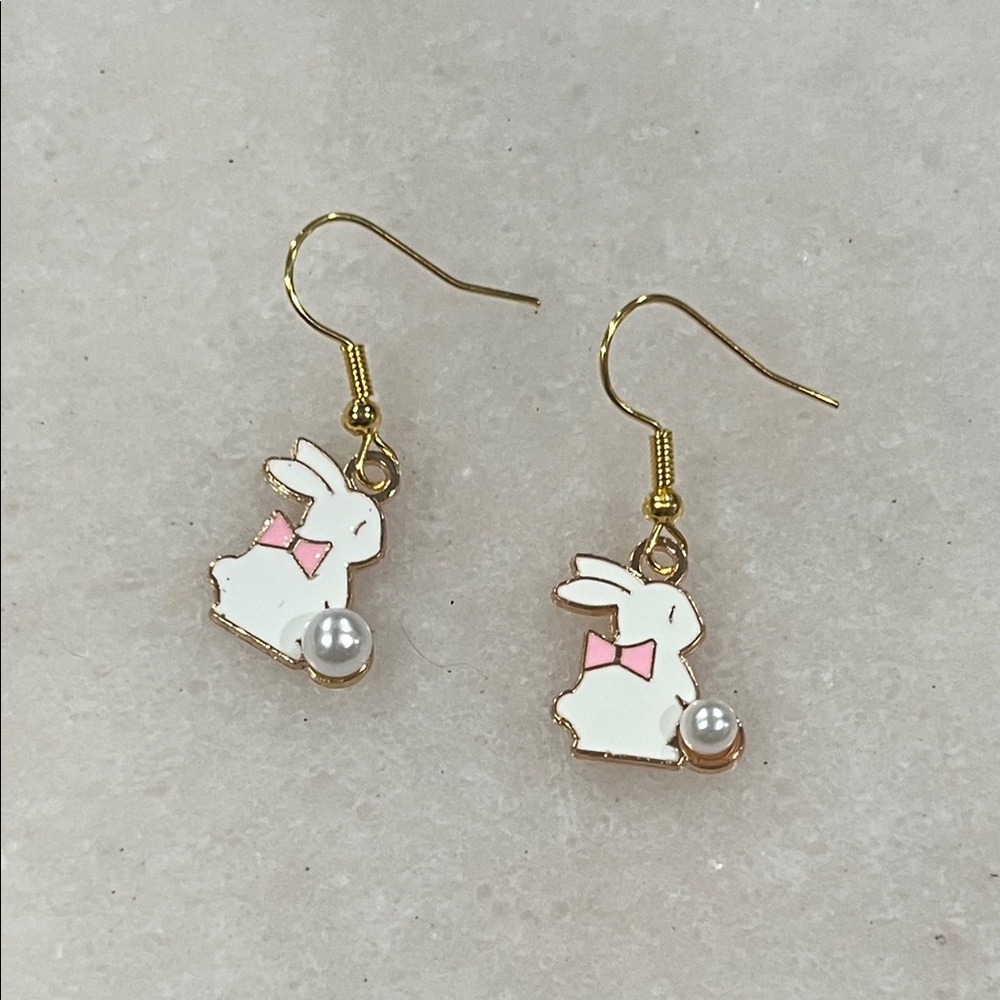 Cute Bunny Earrings with Pink Bow and Faux Pearl